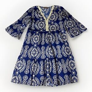 Saiph Lab Tiered Santorini‎ Dress Womens Small White Blue Floral Bell Sleeve
